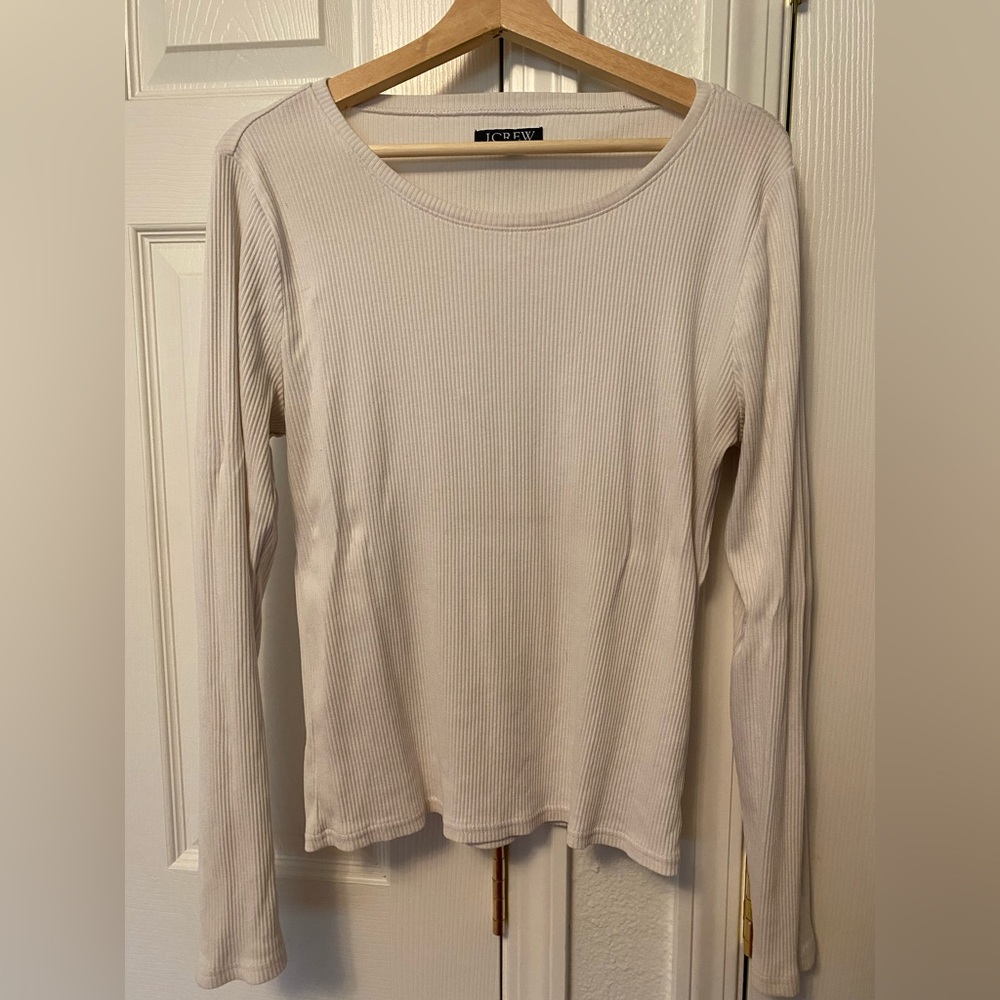 J. Crew Ribbed Long-Sleeve Scoop Neck Top in Cream